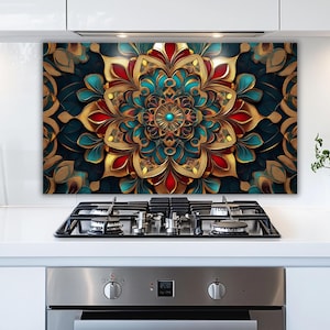Mandala Glass Kitchen Backsplash - Teal, Gold & Red Patterned Panel
