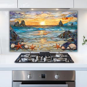 Glass Backsplash Panel: Ocean Sunset with Starfish - Coastal Decor