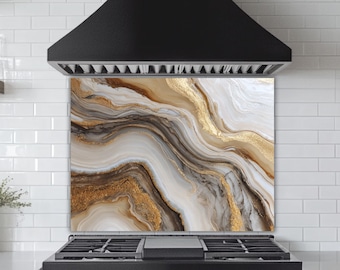 Gold Marble Vein Backsplash – Tempered Glass Kitchen Stove Sink Panel – UV Printed Elegant Stone Art – Modern Luxury Decorative Splashback