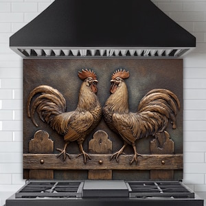 Twin Roosters Tempered Glass Backsplash: Bronze Farmhouse Kitchen Art