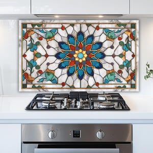 Stained Glass Mandala Backsplash, Moroccan Tile Kitchen Splashback, Teal Gold Stove Panel