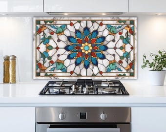 Dosseret mandala en vitrail, crédence de cuisine en carrelage marocain, panneau de poêle doré sarcelle