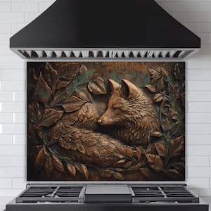 Bronze Fox Backsplash: Rustic Woodland Kitchen Decor, Tempered Glass