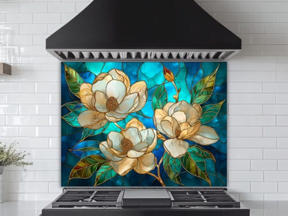 Magnolia Flower Glass Backsplash: Elegant Vitray Style Kitchen Decor