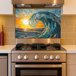 Achterwand voor kachel, spatscherm gehard glas, glas-in-lood golf zonsondergang, aangepast formaat