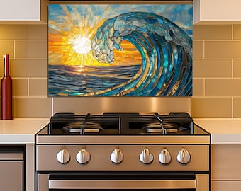 Backsplash for Stove, Tempered Glass Range Splashback, Stained Glass Wave Sunset, Custom Size
