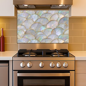 Backsplash for Stove, Tempered Glass Range Splashback, Mother of Pearl Scales, Custom Size