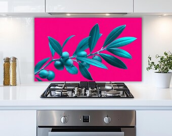 Teal Olive Branch Glass Backsplash, Hot Pink Pop Art Kitchen Splashback, Modern Stove Panel