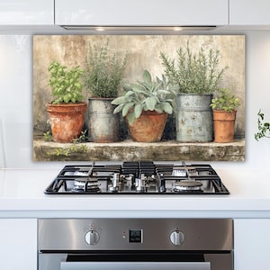 May include: A canvas print depicting various potted herbs. The image shows basil, sage, and rosemary in terracotta and galvanised metal pots. The artwork has a rustic, vintage aesthetic, suitable for kitchen decor.