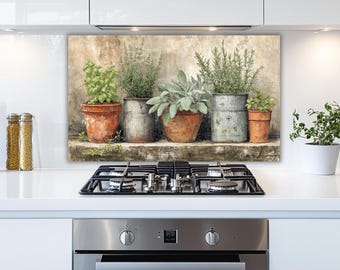 Potted Herbs Glass Backsplash, Rustic Farmhouse Kitchen Splashback, Botanical Stove Panel
