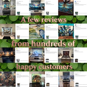 A collage of various kitchen appliances and artwork, including stovetops, ovens, and decorative elements, with a message that reads "A few reviews from hundreds of happy customers".