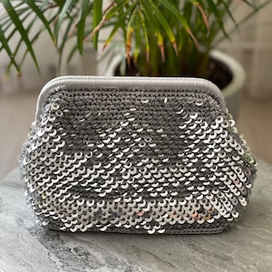 Crochet bag, Luxury bag, Metallic Silver Sequin Clutch, Pouch bag, Daily or Evening used Handbag, design bag for women