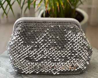 Crochet Sequin Clutch: Metallic Silver Evening Handbag