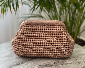 Crochet bag, Luxury Bag, Rose Metallic Leather Bag Knitted Clutch, Knitted Bag, Leather Yarn Evening Handbags, Gift for her