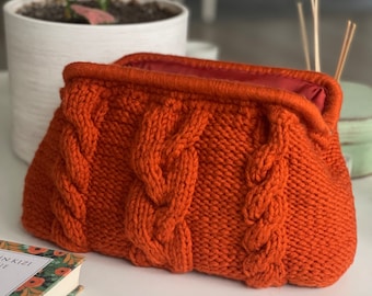 Bolso de ganchillo, bolso de lujo, embrague de punto de lana naranja oscuro, bolsa de lana Kintting bolso diario o de noche, regalo para ella