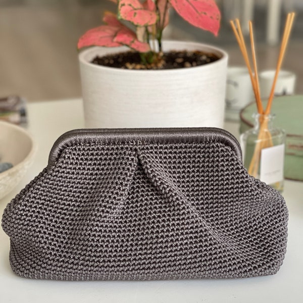 Crochet Bag, Luxury Bag, Anthracite Bag Knitted Clutch, Polyerster Yarn Knitting Daily or Evening used Handbag, Gift for her