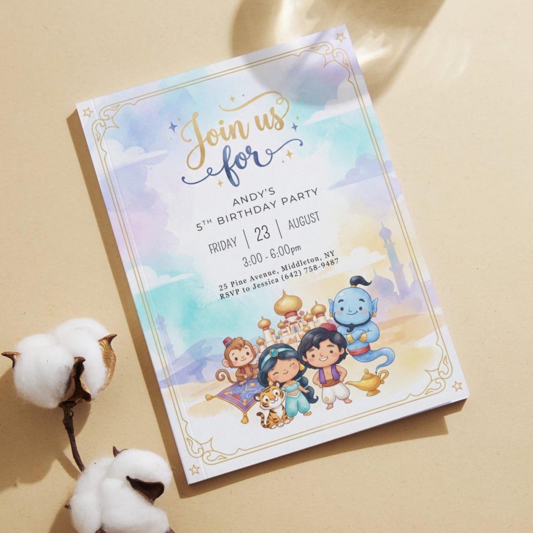 Aladdin Inspired Birthday Invitation, Watercolor (editable Digital ...