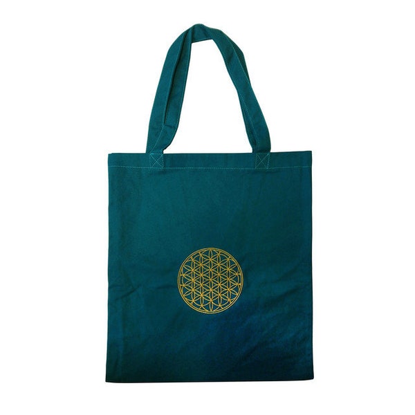 Flower Of Life Cotton Tote Bag | Embroidered Blue Yellow, Spiritual Gift, Eco Friendly, Shoppers Shoulder Book Bag, Reduce Plastic Waste