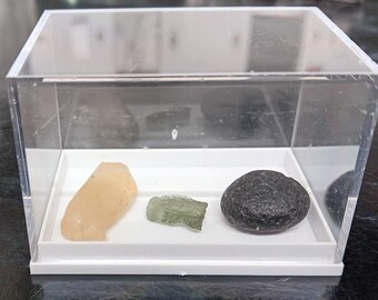 Moldavite, Libyan Desert Glass & Colombianite In Display Box, Powerful Crystals, Rare Tektites, Genuine Ethically Sourced Spiritual Gemstone