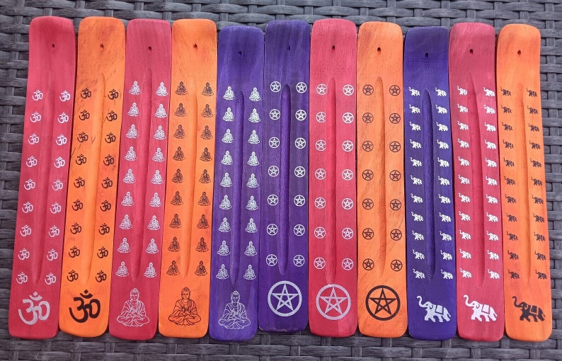 Wooden Incense Stick Holder Various Designs Incense Ski, Spiritual Design, Stars, Triple Moon, Om, Ganesh, Home Fragrances Sticks Burner image 3