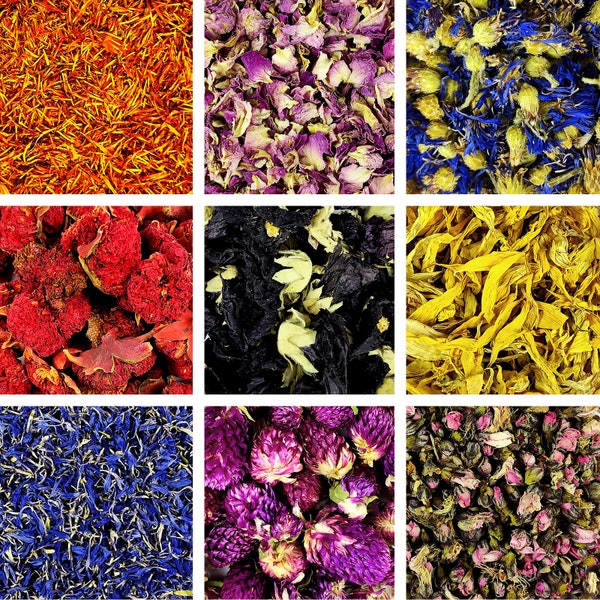 Plus de 62 types de fleurs séchées - 10 g - 50 g, comestibles, pétales séchés, teinture, artisanat, thé lavande rose bleuet rose fleur de jasmin séchée