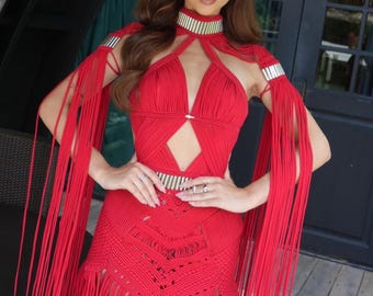 Macramé Fringe party Dress - Exclusive Handmade Design -Imperial dress -womens birthday dress -beach wedding gown