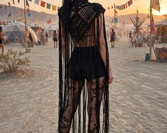 Fringe Cape for Festivals, Boho Burning Man Outfit, Handmade Rave Cape for Women