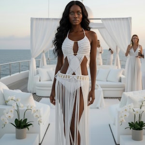 Sekhmet Macrame Maxi Dress - White Halter Wedding & Yacht Dress