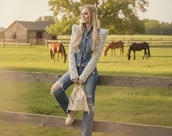 Women's denim jacket -Avant-Garde Macramé Sleeve |statement piece-Custom Handmade Couture | Free Shipping