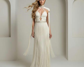 Wedding Dress, Greek Goddess dress, Fringe Festival Gown, Destination Bridal Macrame Bride Outfit/bohemian dress