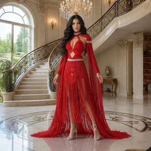 Puede incluir: Un vibrante vestido rojo de macramé con mangas largas y una abertura alta. El vestido presenta un diseño recortado y detalles de flecos. La modelo lleva tacones plateados. El fondo incluye una gran escalera y una lámpara de araña.