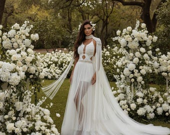 Handmade Macramé Goddess Wedding Dress with Skirt – Boho Bridal Gown – Beach Wedding Dress – Festival Bride Outfit
