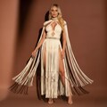 Ladies party boho-chic macrame dress with gold accents-long fringe photoshoot Goddess Dress-Bride beach Wedding gown-statement Tulum dress product logo