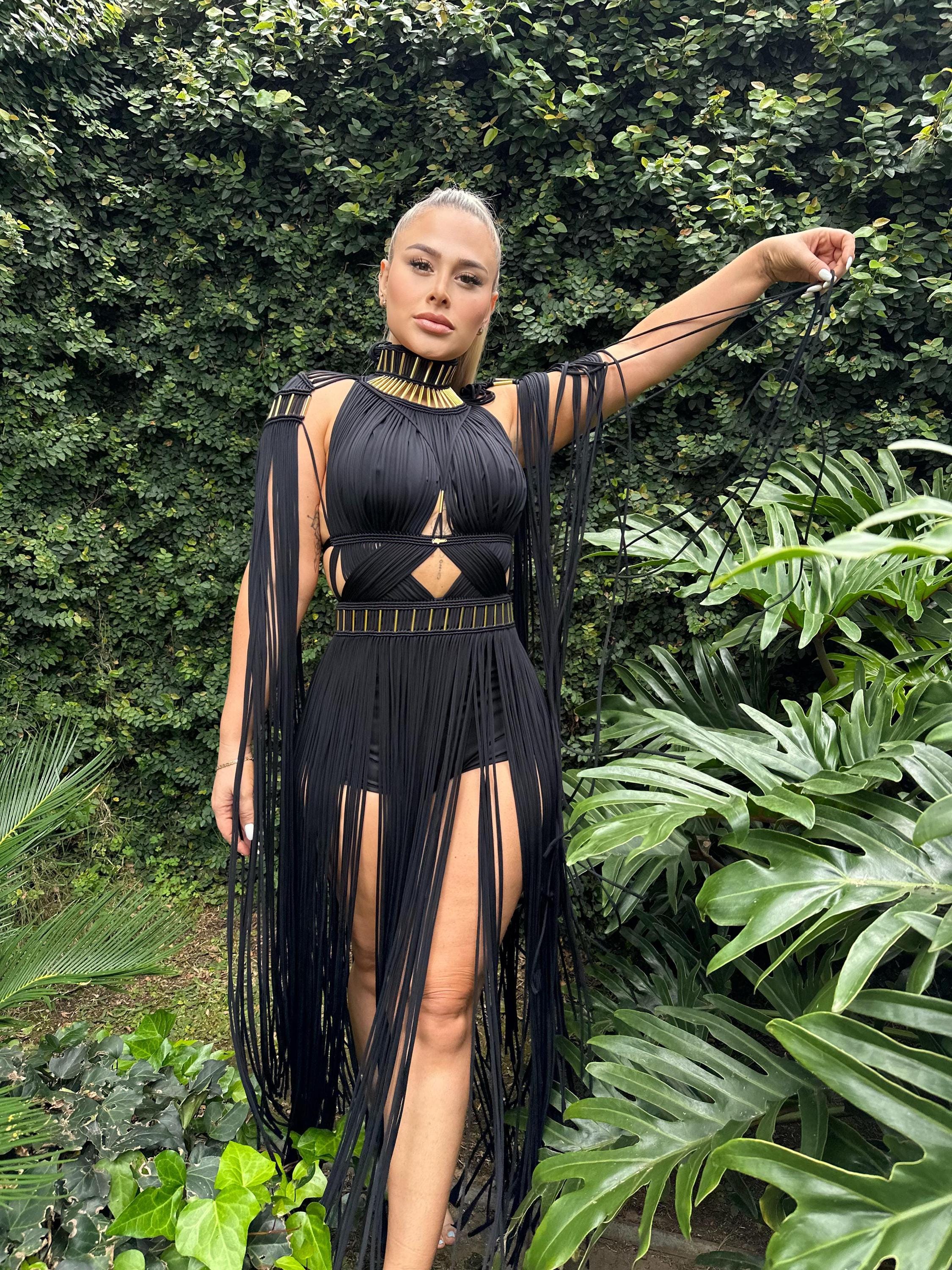 ladies fringe dress maxi for summer wedding, party dress for luxury yacht Handcrafted Statement dress for Beach Weddings & Goddess Themed Events this dress is built