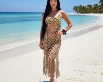 Beach cover up dress long hand made-bohemian macrame dress-elegant resort wear