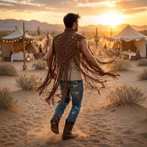 Puede incluir: Un chaleco de macramé marrón con intrincados patrones de nudos geométricos y largos flecos fluidos. El chaleco se lleva sobre una camiseta sin mangas de color claro, combinada con vaqueros azules desgastados y botas vaqueras de cuero marrón.