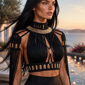 Puede incluir: Un top corto de macramé negro con cuello alto y mangas de flecos largos. La prenda está adornada con detalles metálicos dorados de forma cilíndrica integrados en la estructura de cordón trenzado en el cuello, los hombros y la cintura.
