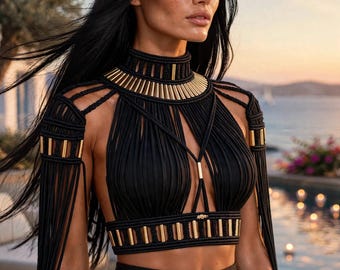 Festival Crop top, halter top, with gold or silver accents-long sleeves, statement women's top
