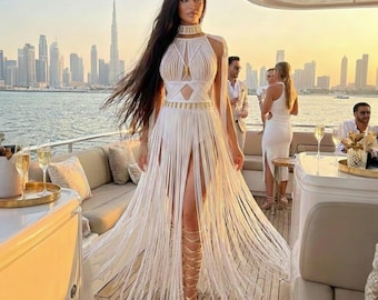 Ladies boho-chic party dress for luxury yacht Handcrafted Statement Dress for Beach Weddings & Goddess Themed Events