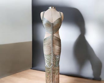 Luxury Couture Dress, dress deep v neck, Sophisticated Party Attire, slim womens clothing, bohemian fashion style