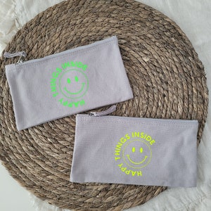 Kosmetiktasche klein Happy things inside aus Baumwolle | Geschenkidee für die Freundin | Smiley Tasche personalisierbar