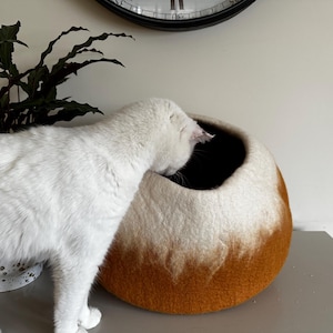 May include: A white cat stands beside a round, dome-shaped pet bed made of felted wool. The bed features a two-tone design with a cream-colored top section that transitions into a deep, earthy brown base with a textured, uneven color gradient.