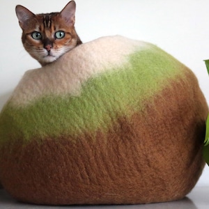 May include: A brown, green and beige felted cat bed with a cat peeking out of the opening. The bed is round and has a soft, fuzzy texture.