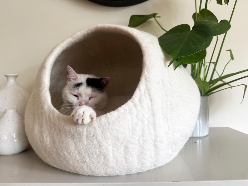 May include: A round, off-white felted wool cat cave with a large circular opening. Inside the cave, a white cat with black markings on its head rests with one paw extended over the edge of the opening, showing its claws.