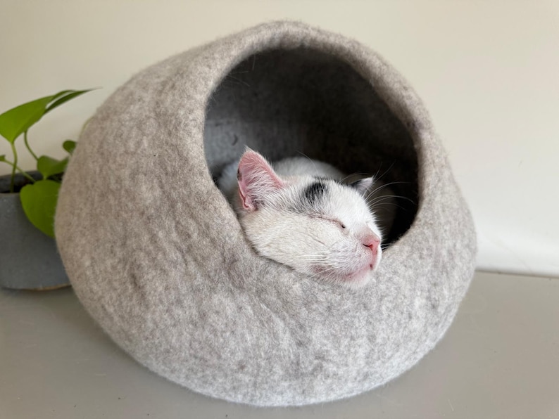 May include: A light gray, rounded, felted wool pet cave with a large circular opening. Inside the soft, textured structure, a white cat with black markings on its head is sleeping peacefully with its eyes closed and pink nose visible.