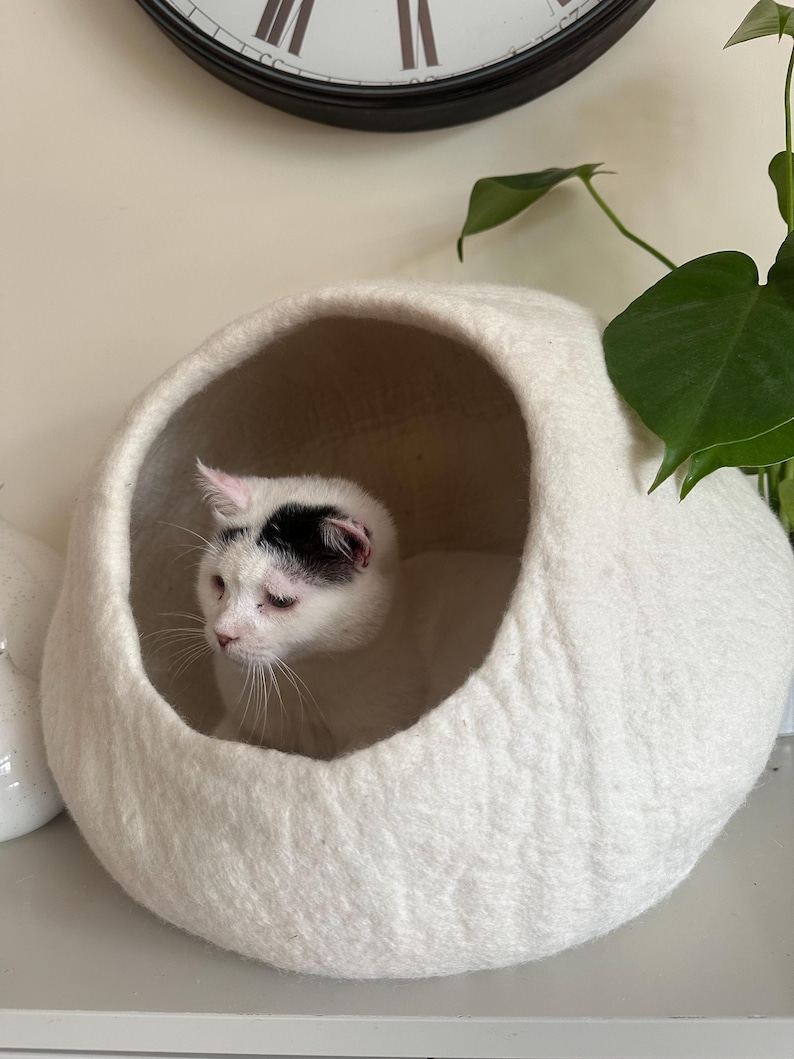 May include: A white, rounded, felted wool cat cave with a large circular opening. Inside the structure sits a white cat with a distinct black patch on the top of its head. The texture of the felted material is visible, showing a soft, dense surface.