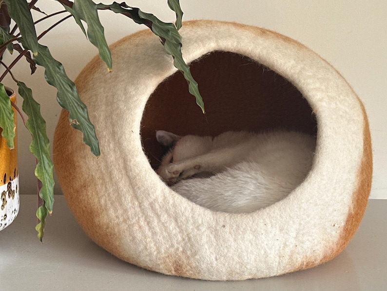 May include: A round, felted pet cave shaped like a loaf of bread with a tan crust and a cream-colored interior. A white cat is curled up inside the circular opening of the structure, which features a soft, textured surface throughout its exterior.