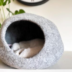 May include: A rounded, light gray felt pet cave with a large, circular opening. Inside the dark interior of the structure, a small, white, furry animal is curled up and sleeping, with its soft white paws visible near the front edge of the opening.