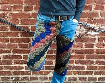 Vintage Patchwork Quilt Appliquéd Oversized Levi’s Denim Blue Jeans
