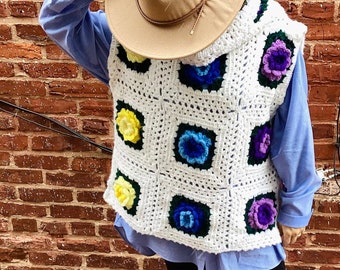 Vintage Handmade Crochet Granny Squares Afghan Quilt Oversized Pullover Coat Jacket Vest